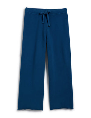 The FRANK AND EILEEN - CATHERINE FAVORITE SWEATPANT by FRANK & EILEEN is shown on a white background. This pair of dark blue wide-leg sweatpants features an elastic waistband with a drawstring tie at the front. The fabric appears to be soft and comfortable, making them ideal for casual wear or lounging.