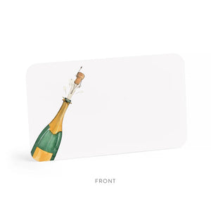 A watercolor illustration of two champagne glasses filled with bubbly liquid, elegantly rendered on a white rectangular notecard with rounded corners. The FLYING CORK LITTLE NOTES feature the text "Little Notes by E.FRANCES PAPER" and "Please Recycle Me" at the bottom.