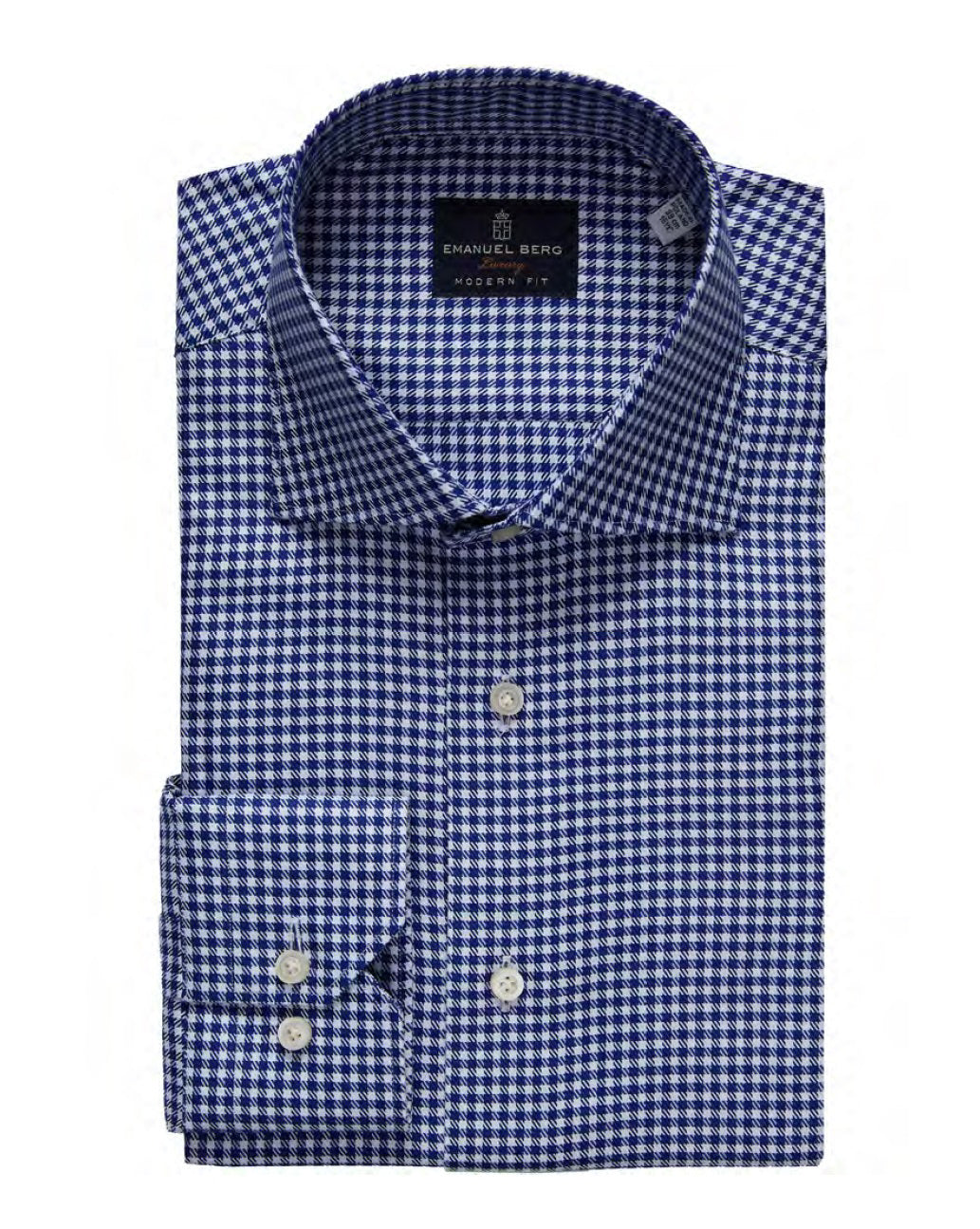The EMANUEL BERG Yoga Twill Premium Luxury Shirt in Navy Check features a blue and white small check pattern, long sleeves, natural stretch cotton, white buttons, and a Modern Fit label for refined style.