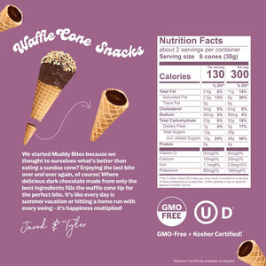 A chocolate-filled waffle cone, MUDDY BITES- DARK CHOCOLATE WAFFLE CONES, is centered against a purple background. Text reads "Creamy Dark Chocolate: Premium delicious dark chocolate made from simple ingredients" with an arrow pointing to the chocolate and "Crunchy Cone: Light crisp cone that blends perfectly with our creamy dark chocolate" with an arrow pointing to the cone. Logos for "GMO Free" and Kosher certification are at