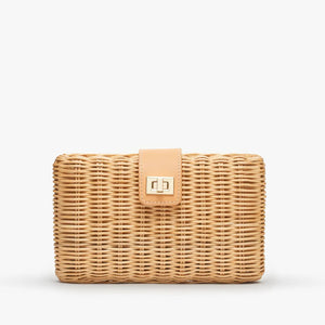 The KAYU - LOU CLUTCH is a rectangular wicker clutch in light tan with a chic tan leather flap and gold-tone turn lock closure, set beautifully against a plain white background. Ideal for any occasion.