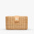 The KAYU - LOU CLUTCH is a rectangular wicker clutch in light tan with a chic tan leather flap and gold-tone turn lock closure, set beautifully against a plain white background. Ideal for any occasion.