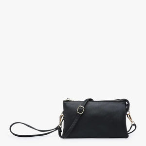 Introducing the JEN & CO 3 COMPARTMENT CROSSBODY WRISTLET: a stylish black wristlet crafted from vegan leather, adorned with elegant gold-tone hardware and equipped with an adjustable strap. The interior features a chic herringbone lining, beautifully displayed against a plain white background.