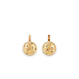 Introducing the **GAS BIJOUX - SMALL COMET EARRINGS** by GAS BIJOUX: These exquisite gold-plated earrings showcase a spherical design embellished with a delicate pattern of small stars. Enhanced with Swarovski strass for added shimmer, they boast a radiant finish and are artfully presented against a white background.