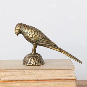 A small CAST ALUMINUM BIRD by CREATIVE COOP, featuring meticulously detailed feathers, stands atop a stack of closed books against a plain white background. Ideal for interior design enthusiasts, the bird is perched on a textured base with its tail extended horizontally.