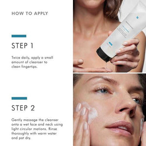 A white tube of SkinCeuticals LHA Cleansing Gel is ideal for aging skin. The packaging features a blue square logo at the top, followed by the brand name, product name, and a description stating “Decongestant cleanser exfoliates and improves clarity.” This 240 ml/8 fl oz exfoliating gel face cleanser effectively targets blemishes.