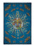 The FRANCO FERRARI - EMBROIDERED SUN WOOL SCARF by FRANCO FERRARI, made in Italy, features a central embroidered sun with rays crafted from various beads and patterns. Surrounding the sun are intricate designs of eyes, butterflies, and abstract motifs, all set against a vibrant blue background with a decorative border.