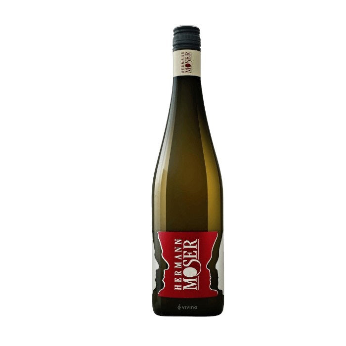 The tall, slender bottle of Hermann Moser &#39;Gebling&#39; Riesling 2023 by Wine: Orsini has a dark green hue with a red and white label featuring &quot;Hermann Moser&quot; in bold white letters. Known for stone fruit flavors, it is topped with a stylish black and tan cap against a plain white background.