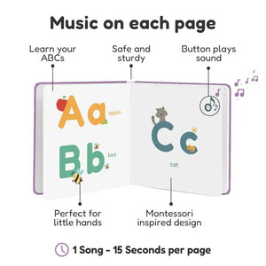 A child's hand presses a musical note button on the cover of a colorful ABC Sound Book titled "CALI'S BOOKS - SING THE ALPHABET NURSERY RHYMES." Featuring cute animal characters and alphabet letters, this award-winning toddler learning toy proudly displays badges for Brain Child and National Parenting Awards at the bottom.