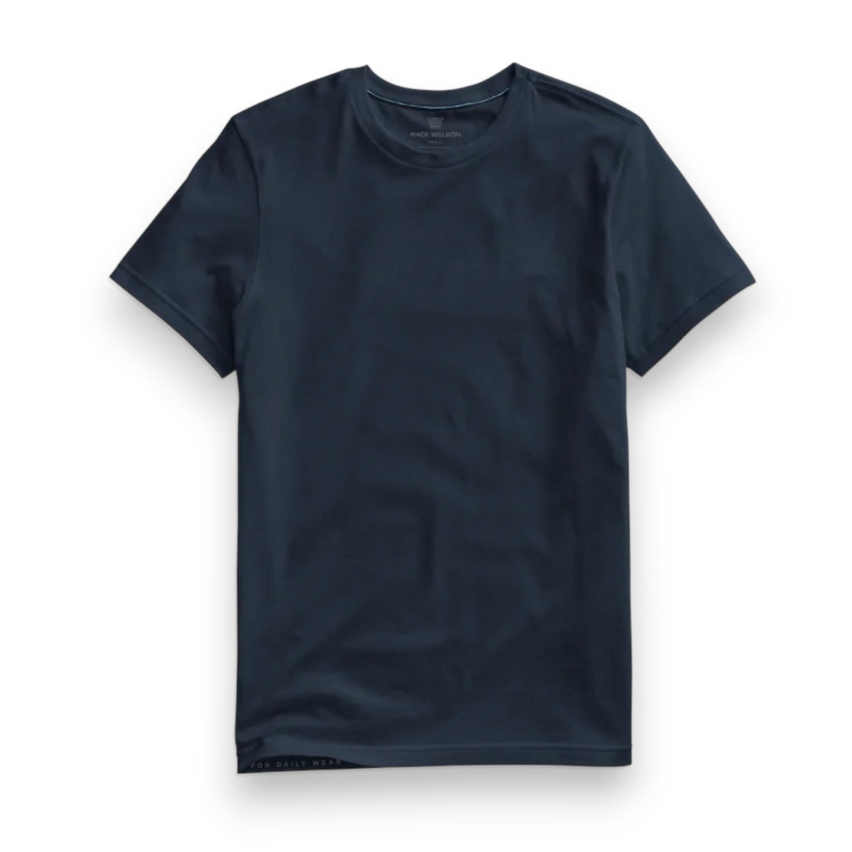 The MACK WELDON PIMA CREW NECK T-SHIRT, a short-sleeved navy blue tee made from soft Pima cotton, is laid flat on a white background.