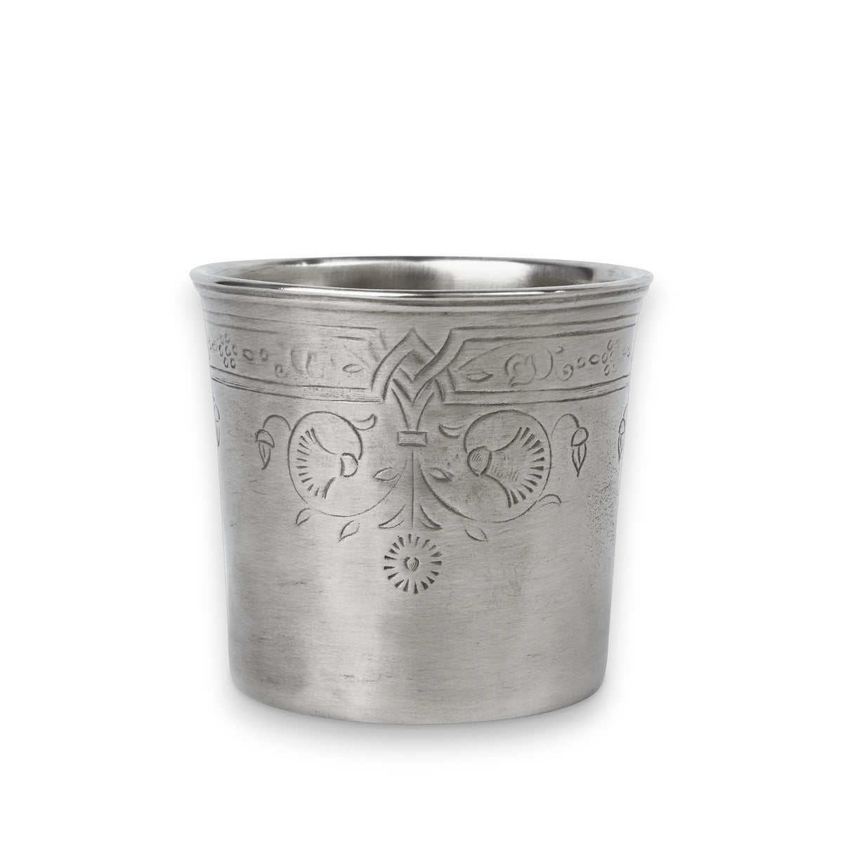 The MATCH - ANTIQUE ENGRAVED PENCIL CUP by MATCH features intricate floral and geometric engravings, a slightly flared rim, and a smooth pewter finish—perfect for collectors or those interested in proper pewter cleaning and care.