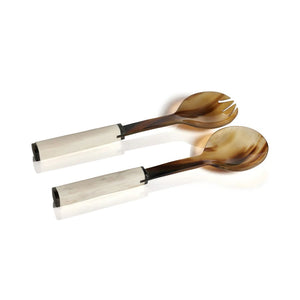 The product description showcases the VARIEGATED HORN AND BONE HANDLE SALAD SERVERS by ZODAX on a white background. This set includes a fork and a spoon, each featuring a translucent brown serving end and a beige handle with a smooth, glossy finish. Ideal for measurements in the kitchen, these utensils combine practicality and style seamlessly.