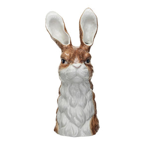 The CREATIVE COOP's RABBIT CERAMIC VASE is hand-painted, showcasing a realistic rabbit with brown fur and upright ears. This farmhouse-style piece captures the calm expression and artistry reminiscent of a classic stoneware vase.