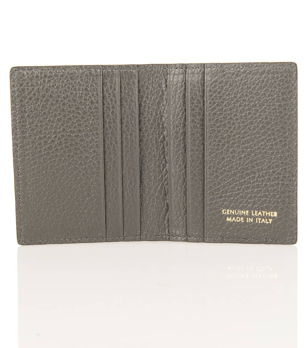 The open gray LEATHER CARD HOLDER by LE BORSETTE features multiple slots. "Genuine Leather Made in Italy" is engraved in the bottom right corner, with its shiny surface reflecting sophistication and fine Italian craftsmanship.