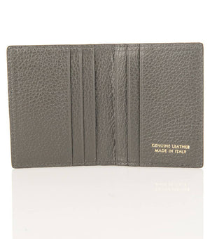 The open gray LEATHER CARD HOLDER by LE BORSETTE features multiple slots. "Genuine Leather Made in Italy" is engraved in the bottom right corner, with its shiny surface reflecting sophistication and fine Italian craftsmanship.