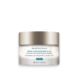 Two light blue rectangular boxes of SKINCEUTICALS - TRIPLE LIPID 48ML, an anti-aging lipid replenish cream with ceramides. The top box displays the product name, size, and key ingredients. The bottom box provides product details, directions, and caution in small text.