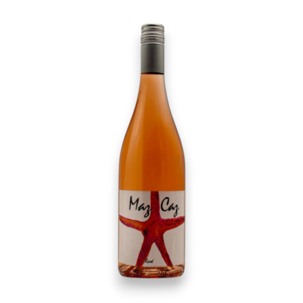 The MAZ CAZ ROSÉ 2023 by WINE: AMERICAN PREMIUM BEVERAGE is an orange-hued wine in a bottle labeled with a red starfish and the words &quot;Maz Caz,&quot; sealed with a screw cap, all set against a plain white background.