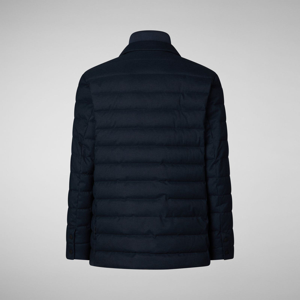 The SAVE THE DUCK - FELIPE Water Resistant Quilted Jacket for men is shown from the back against a light gray background. Made from recycled polyester, it features horizontal stitching and a high collar.