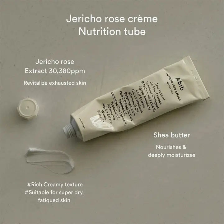 A white tube labeled &quot;COLLAGEN EYE CREME JERICHO ROSE&quot; by ASIAN BEAUTY WHOLESALE stands upright, its black text ingredient list featuring Jericho rose extract—highlighting this hydrating, vegan eye cream in a 30ml tube as a skincare essential.