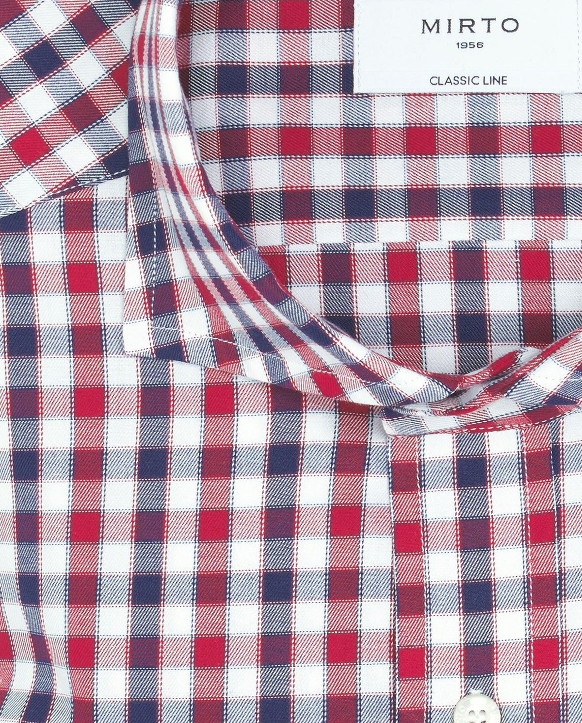 The MIRTO 1956 Men&#39;s Cotton Button Down features a blue and red check pattern, crafted from soft cotton with a classic fit, classic collar, and white buttons.