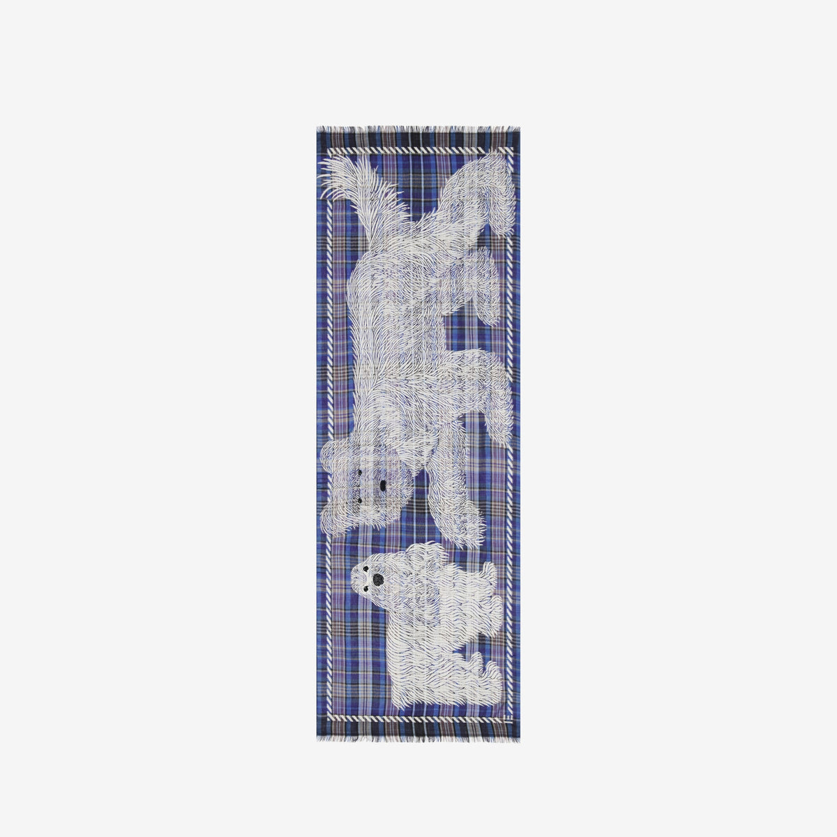 The INOUI FREDDY DOG SCARF IN 3D BLUE by INOUI is a rectangular, blue plaid wool-cotton scarf featuring white sketch-like dog drawings and fringed edges on both short sides, made in India.
