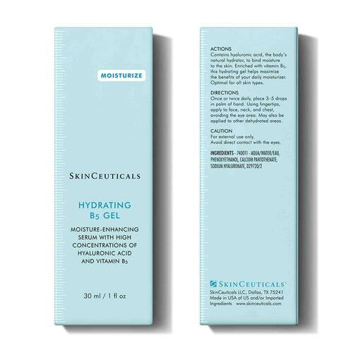 A 30 ml (1 fl oz) bottle of SKINCEUTICALS Hydrating B5 Gel by SKIN CEUTICALS, a hydrating serum enriched with Vitamin B5 and hyaluronic acid. The clear glass bottle features a black dropper lid and a label that emphasizes its moisture-enhancing properties designed to deeply hydrate your skin.