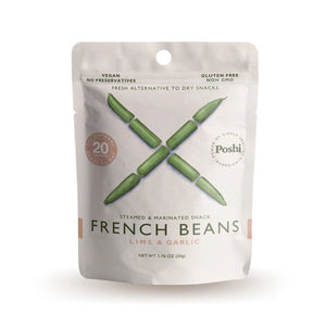 A 1.76 oz (50g) packet of POSHI - LIME & GARLIC from the POSHI brand features a white design with a stylized "X" made of green beans on the front, emphasizing that it is vegan, gluten-free, non-GMO, and steam cooked for a delightful crunch. This lime and garlic flavored French Beans snack contains only 20 calories per serving.