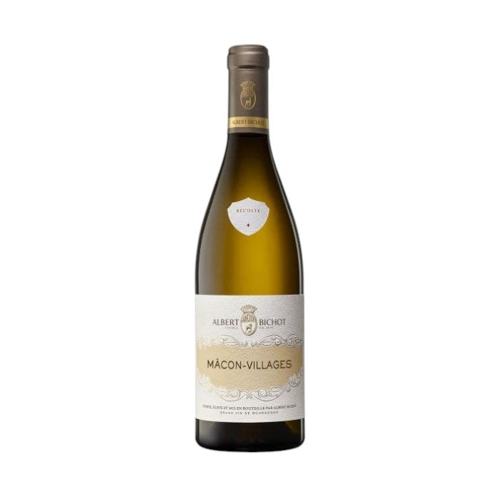 A bottle of ALBERT BICHOT MÁCON-VILLAGES 2023 from WINE: AMERICAN PREMIUM BEVERAGE features a beige label with decorative elements and a gold foil top, embodying Burgundy&#39;s essence. Set against a plain white background, it exudes elegance and simplicity.