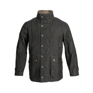 The TOM BECKBE Tenshaw Jacket in Hardwood is a dark green, USA-made waxed canvas jacket with a high collar, snap buttons, two front flap pockets, buttoned cuffs, and durable water-resistant shelter cloth for a rugged look.