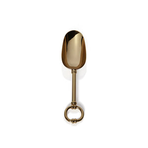 The ALESSIA GOLD ICE SCOOP by ZODAX gleams with its shiny gold finish and features a rounded handle measuring 10 inches. The handle ends in a circular ring, adding an elegant touch to the design, as it lies on a plain white background.