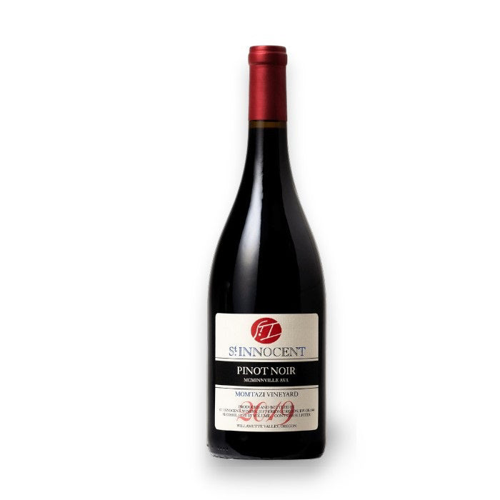 A bottle of ST. INNOCENT &#39;MOMTAZI&#39; PINOT NOIR 2019, featuring a distinctive red cap and label with the brand WINE: WINEBOW, showing its Willamette Valley, Oregon origin against a plain white backdrop.