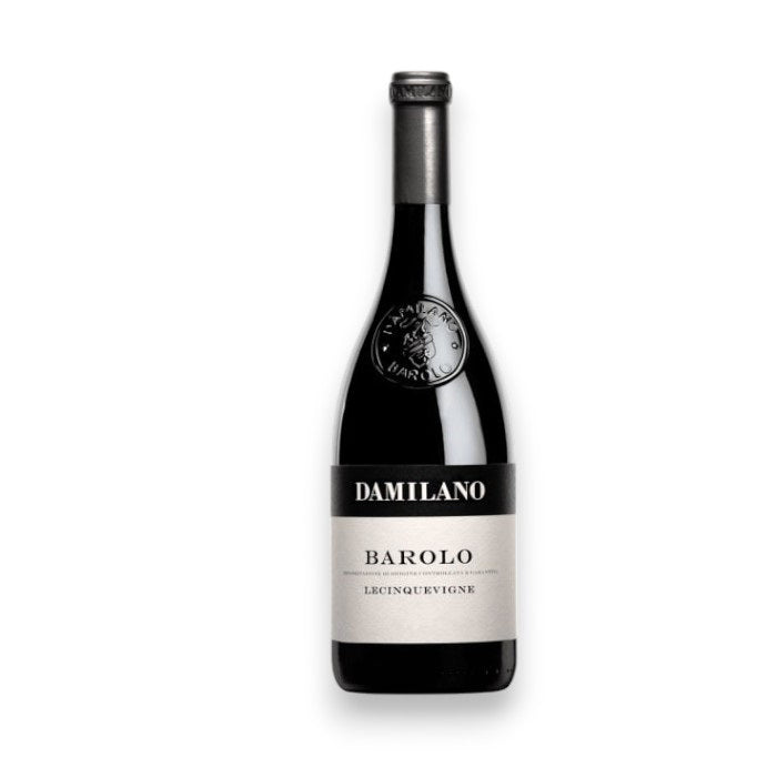 A bottle of DAMILANO LECINQUEVIGNE BAROLO 2020 by WINE: WINEBOW, featuring a black cap, embossed neck logo, and white label, noted for vibrant acidity and pairing well with aged cheeses, is displayed against a plain white background.