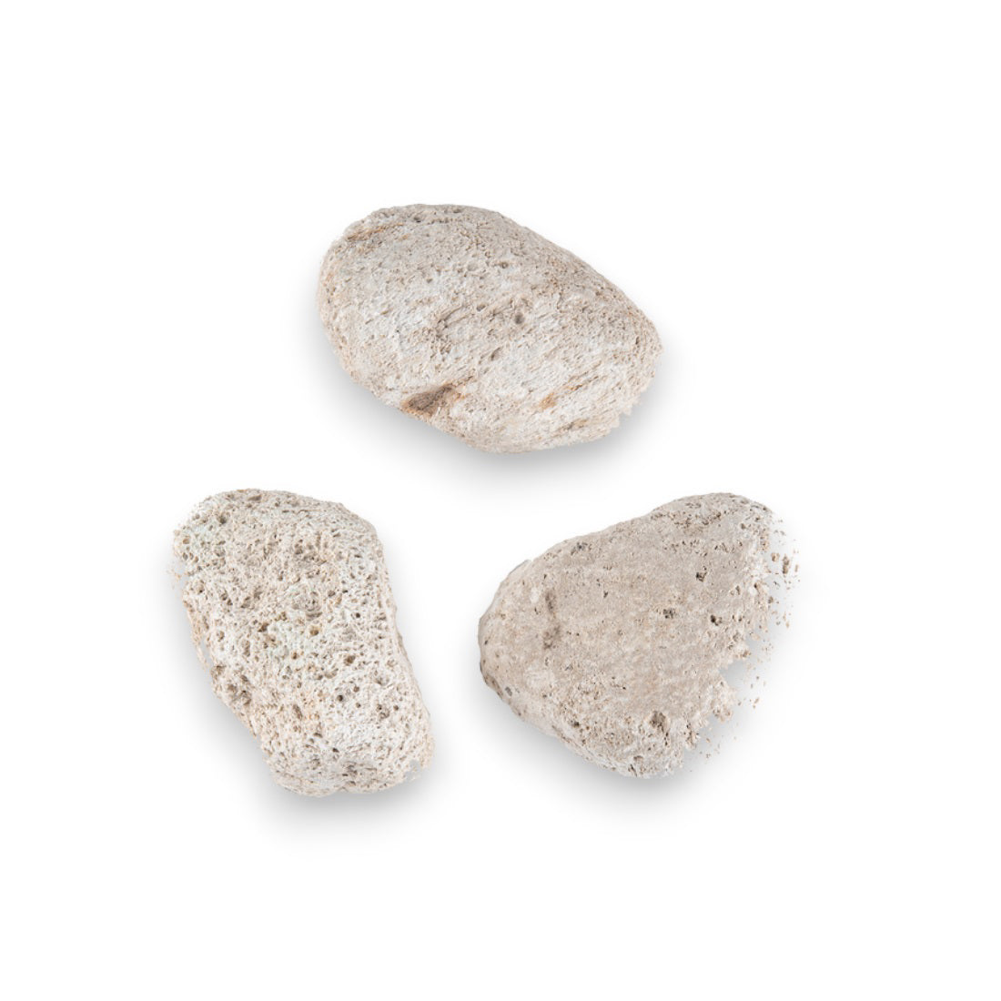 A trio of BAUDELAIRE Pumice Stones, showcasing their irregular shapes and rough, porous surfaces against a white backdrop. Perfect for exfoliating calloused skin, these stones display a blend of white and light gray tones with subtle speckles.