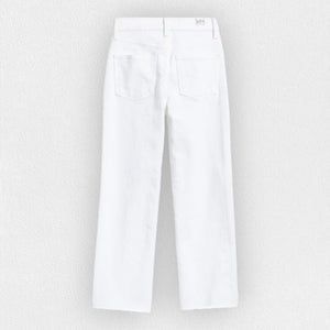 The FRANK AND EILEEN - MONAGHAN MOM JEAN by FRANK & EILEEN is a pair of simple white, straight-leg jeans set against a plain background. Featuring a high-rise fit, these jeans come equipped with belt loops, a button closure, and five pockets—two in the back, two in the front, and a small coin pocket. The fabric appears to be durable and slightly textured.