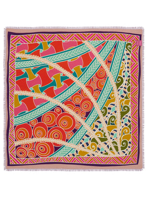 The FRANCO FERRARI - CIALDA DOUBLE SIDED FRINGE SILK SCARF 90CM, made of 100% silk, features a vibrant double-sided pattern in green, pink, orange, white, and brown hues. This colorful scarf can be folded into a triangle and tied at the top and is finished with fringed edges.