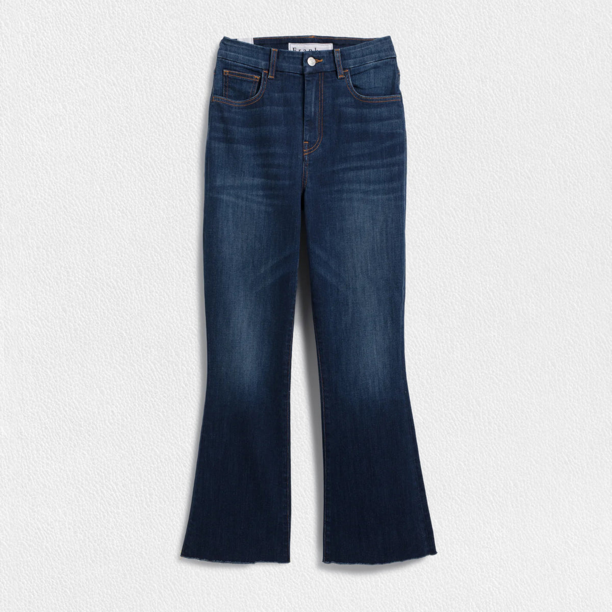 A pair of FRANK &amp; EILEEN - Killian Crop Flare Jeans is displayed flat against a textured white background. Made from soft denim with power stretch, they feature a classic five-pocket design, belt loops, and a button and zip closure. The high-rise legs are slightly flared, offering a clean, modern appearance.