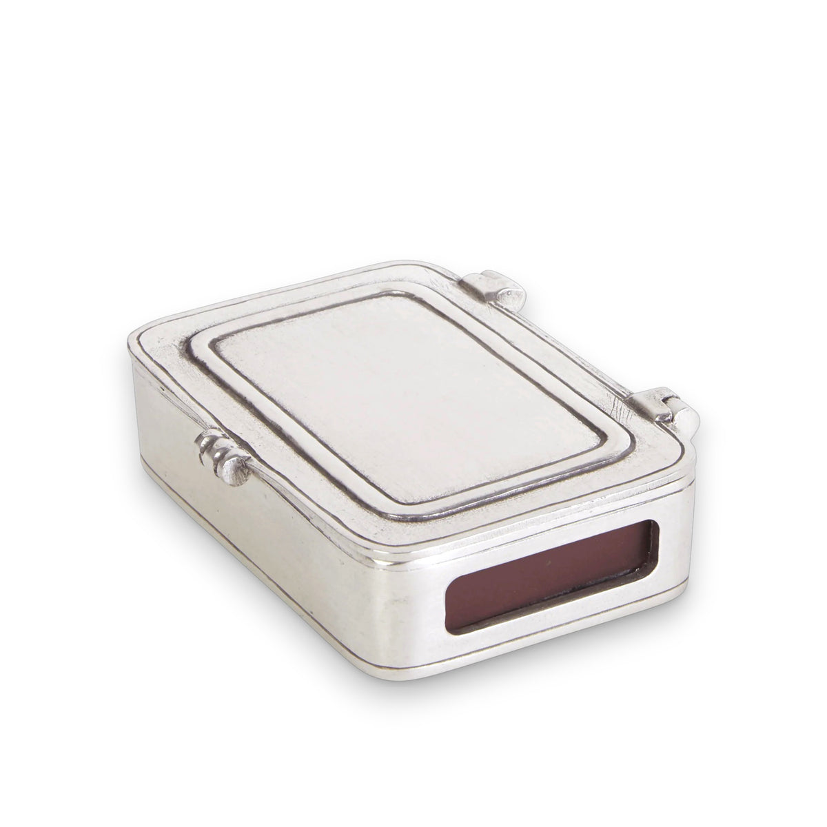 The MATCH Pewter Lidded Match Box by MATCH features a rectangular design with a hinged lid, sticker, and includes several red-tipped wooden matches—all shown on a white background.