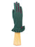 A KNIT WOOL AND CASHMERE GLOVE WITH RUFFLE from the SANTACANA MADRID WORLD GLOVE COMPANY is showcased on a wooden hand model, featuring teal cashmere with dark pink accents between the fingers and a decorative ruffled cuff adorned with a pink button.