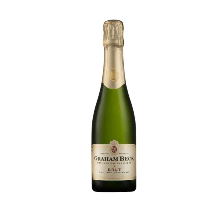 The GRAHAM BECK BRUT 375ML by WINEBOW, crafted in the Methode Cap Classique style, comes in a green bottle with a gold foil neck and beige label. Experience the exquisite taste of South African elegance.