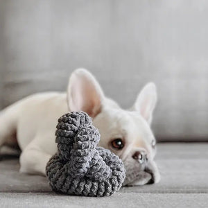 A playful dog with blue eyes and a mix of white, brown, and black fur bites onto the LAMBWOLF COLLECTIVE NOUNOUNOU DOG TOY while standing on a light-colored carpeted floor. The dog's ears are perked up, and it looks energetic and focused on the toy.