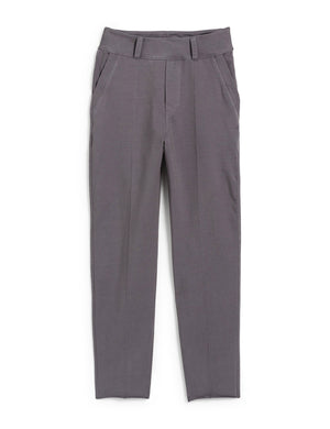 A pair of gray, tailored FRANK & EILEEN Murphy Billion Dollar Pants in Elephant with a flat front, belt loops, side pockets, and slightly tapered legs. The pants are neatly laid flat on a white background, displaying their clean design and sleek fabric.