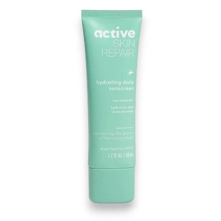 ACTIVE SKIN REPAIR - HYDRATING DAILY SUNSCREEN is a light green tube mineral sunscreen with non-nano zinc, hyaluronic acid, niacinamide, and SPF 50. It offers 1.7 fl oz (50 mL) of broad-spectrum daily protection.