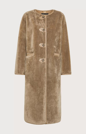 The SEVENTY - Lightweight Faux Shearling Coat by SEVENTY features a smooth, plush texture and a round neckline. This knee-length coat includes long sleeves, a four-button front fastening, and two front pockets for added convenience.