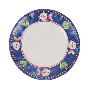 The VIETRI - MELAMINE CAMPAGNA DINNER PLATE by VIETRI features a decorative border with blue and white birds, red tulips, and green leaves on a vibrant orange background. The central section of the plate is plain white, and the border also includes a blue rim, ensuring durability while adding charm to your table.