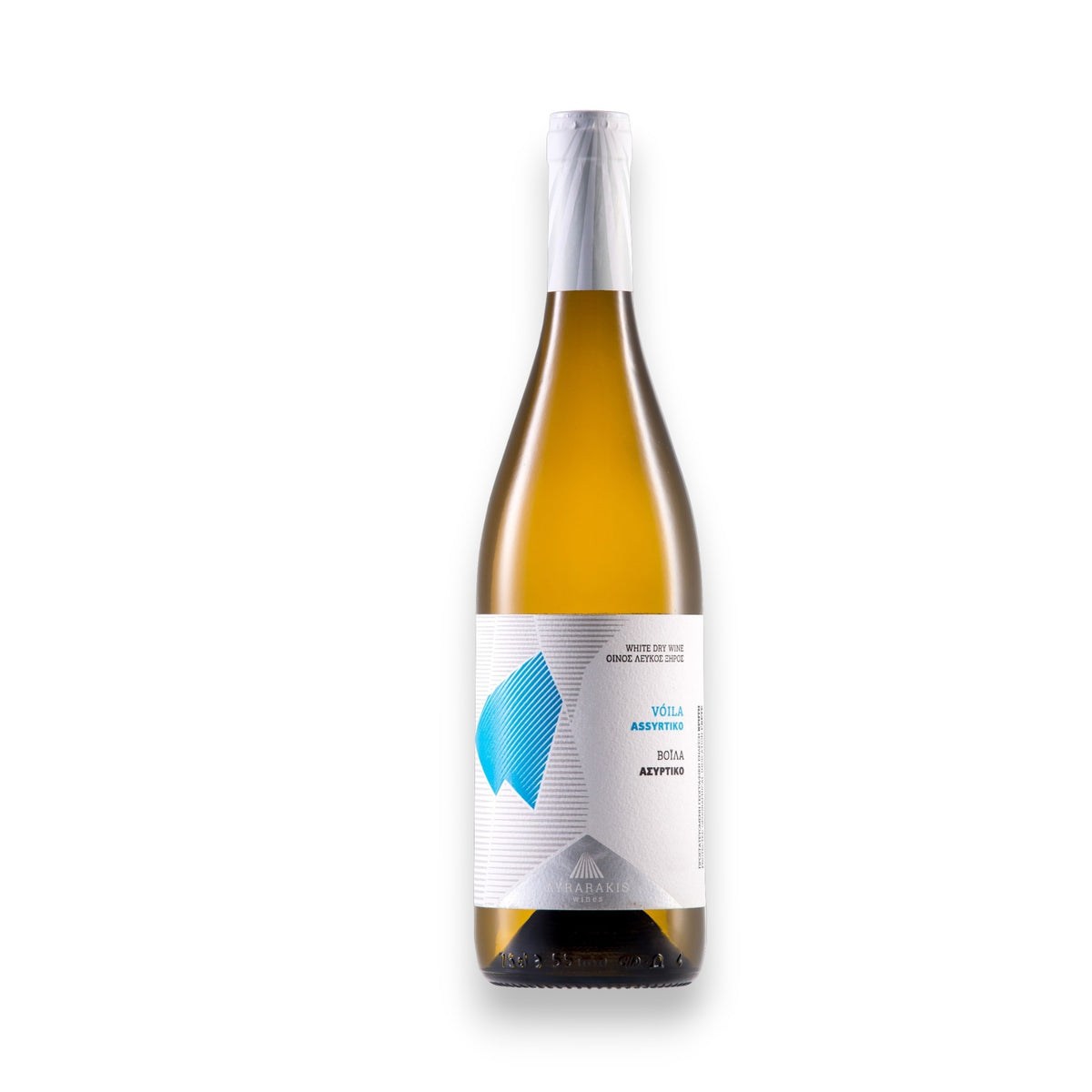 A platinum-colored bottle of LYRARAKIS VOILA ASSYRTIKO 2024 by WINE: 3 KEYS, featuring a white label with blue geometric shapes and black text, sealed with white foil, set against a plain white background.