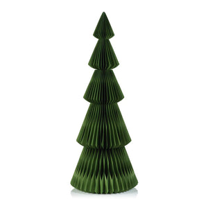 The WISH PAPER DECORATIVE TREE - ALPINA 48IN by ZODAX is a green, triangular paper sculpture resembling a pine tree, elegantly displayed on a white background. It features tiered folded sections with intricate creases and boasts dimensions of 50.8 cm x 121.92 cm (20 in x 48 in), enhancing its striking visual presence.