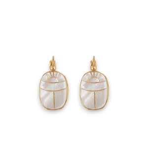 The GAS BIJOUX - SCARAMOUCHE Earrings feature a gold-plated scarab design on iridescent mother-of-pearl, adorned with rounded edges and intricate line details, set against a white background.