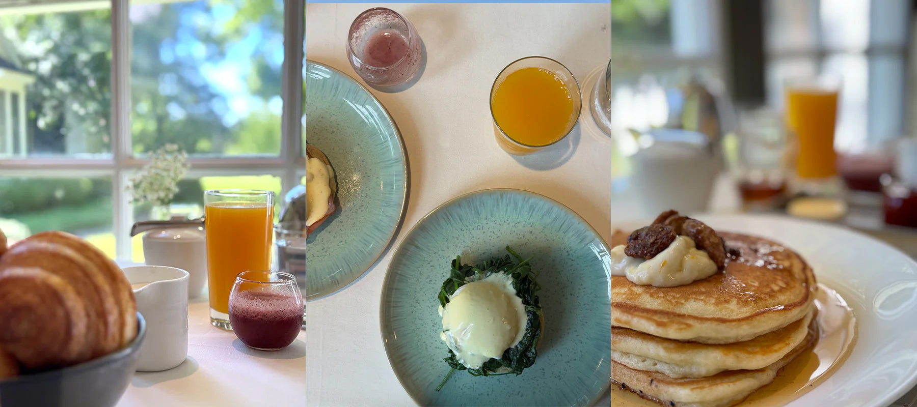 A breakfast scene with croissants, juice, and coffee by a sunny window, a plate with poached eggs on greens, and another plate with pancakes topped with butter and pecans.