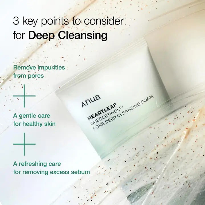 A green and white tube of ASIAN BEAUTY WHOLESALE DEEP CLEAN FOAM CLEANSER SEDUM HYALURON FOAM 150ML is shown with a swatch, highlighting its creamy texture and gentle exfoliating particles for deep pore cleansing.