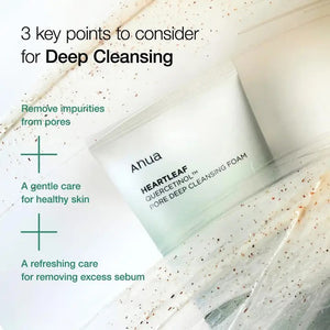 A green and white tube of ASIAN BEAUTY WHOLESALE DEEP CLEAN FOAM CLEANSER SEDUM HYALURON FOAM 150ML is shown with a swatch, highlighting its creamy texture and gentle exfoliating particles for deep pore cleansing.